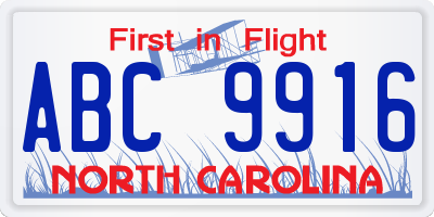 NC license plate ABC9916