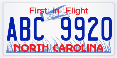 NC license plate ABC9920