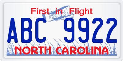 NC license plate ABC9922