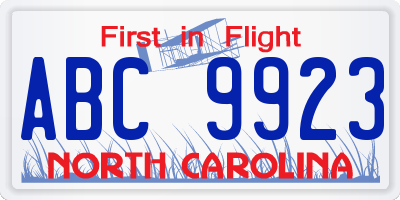 NC license plate ABC9923