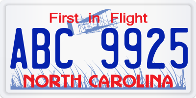 NC license plate ABC9925