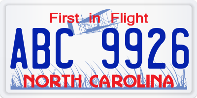 NC license plate ABC9926