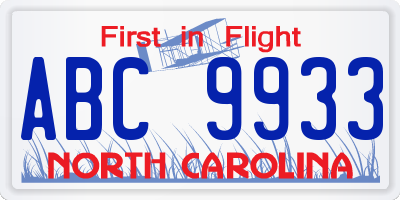NC license plate ABC9933