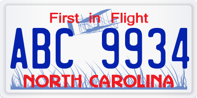 NC license plate ABC9934