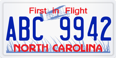 NC license plate ABC9942