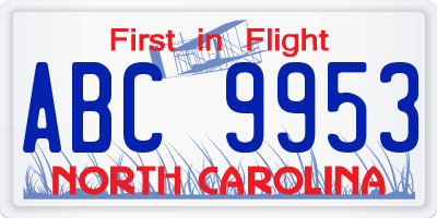 NC license plate ABC9953