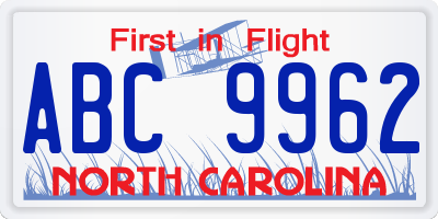 NC license plate ABC9962