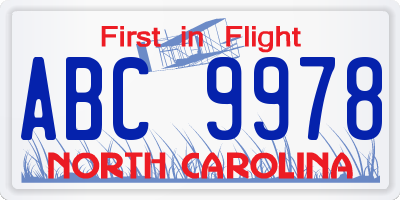 NC license plate ABC9978