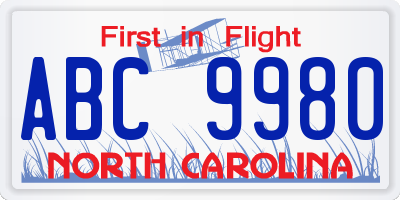 NC license plate ABC9980