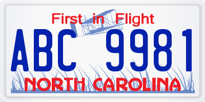 NC license plate ABC9981