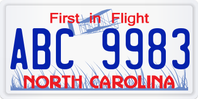NC license plate ABC9983