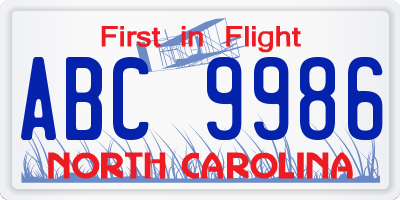 NC license plate ABC9986