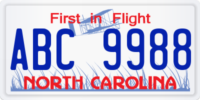 NC license plate ABC9988
