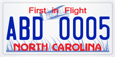 NC license plate ABD0005