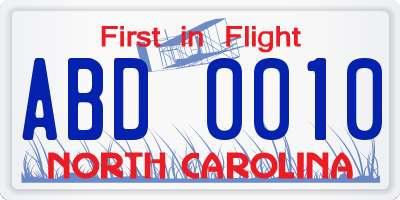 NC license plate ABD0010