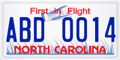 NC license plate ABD0014
