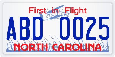 NC license plate ABD0025