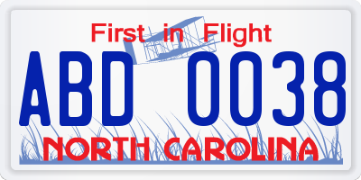 NC license plate ABD0038