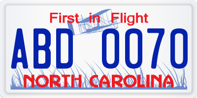 NC license plate ABD0070