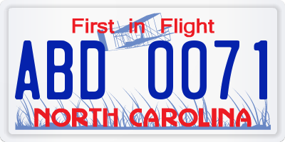 NC license plate ABD0071
