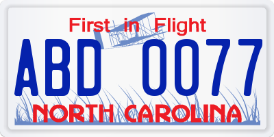NC license plate ABD0077
