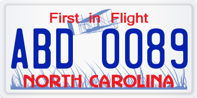 NC license plate ABD0089
