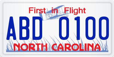 NC license plate ABD0100