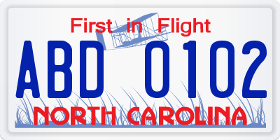 NC license plate ABD0102