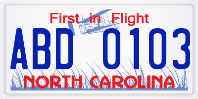 NC license plate ABD0103