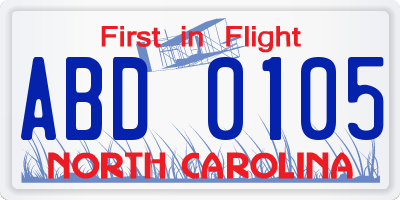 NC license plate ABD0105