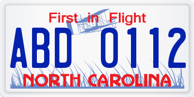 NC license plate ABD0112