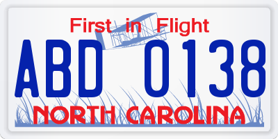 NC license plate ABD0138