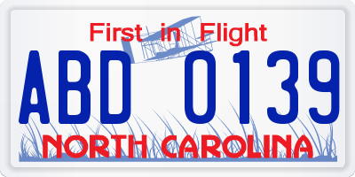 NC license plate ABD0139