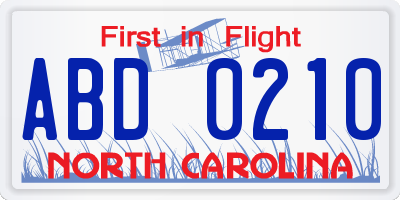 NC license plate ABD0210