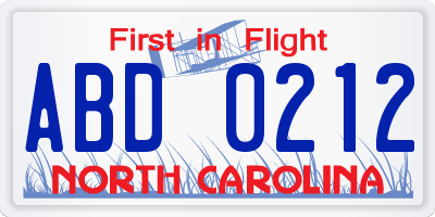 NC license plate ABD0212