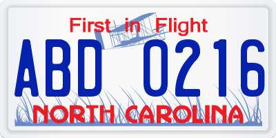 NC license plate ABD0216