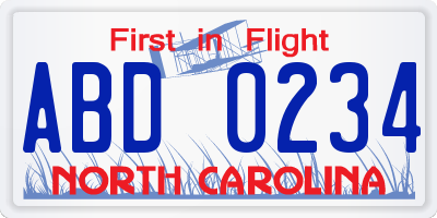 NC license plate ABD0234