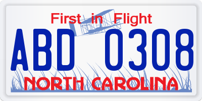 NC license plate ABD0308