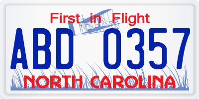 NC license plate ABD0357