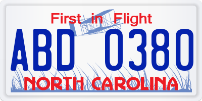 NC license plate ABD0380