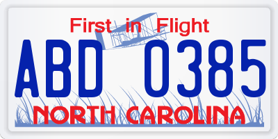 NC license plate ABD0385