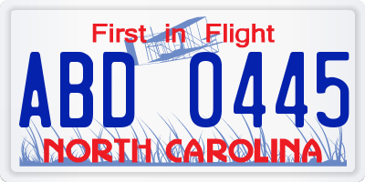 NC license plate ABD0445
