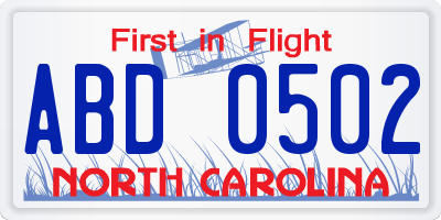 NC license plate ABD0502