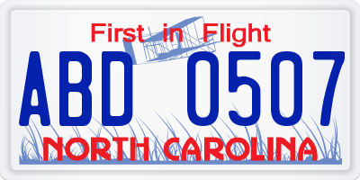 NC license plate ABD0507