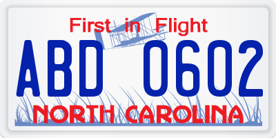 NC license plate ABD0602