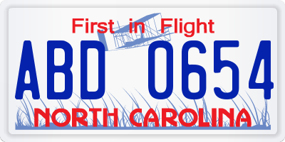 NC license plate ABD0654