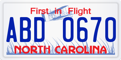 NC license plate ABD0670