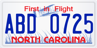 NC license plate ABD0725