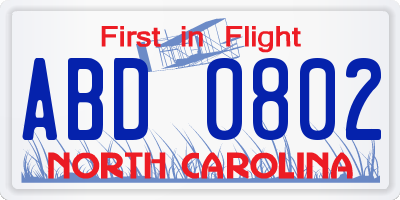 NC license plate ABD0802