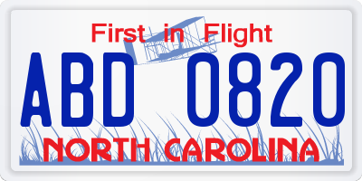NC license plate ABD0820